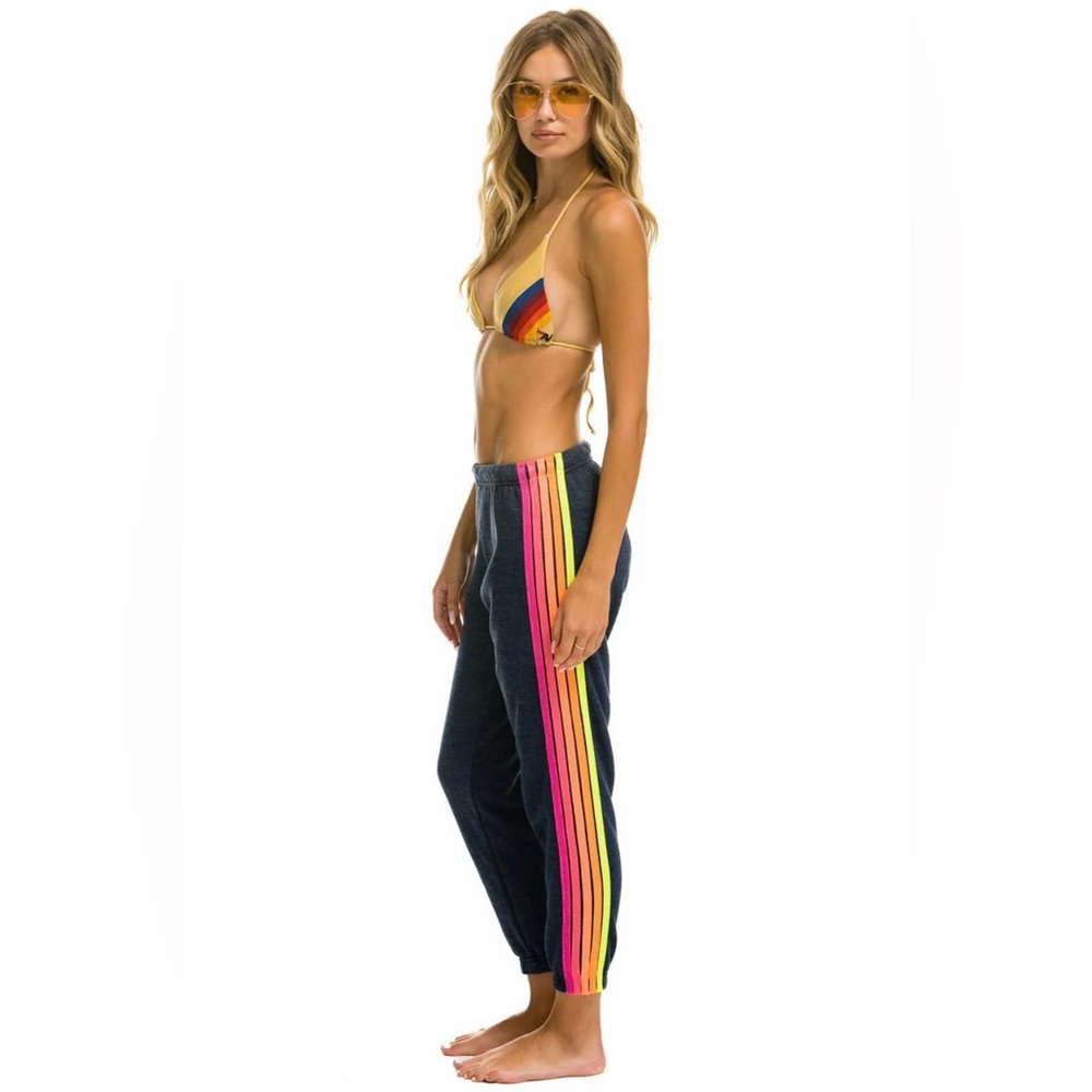 NWT Aviator Nation Women’s 5 Stripe Sweatpants in Heather Navy/Neon Stripes in M